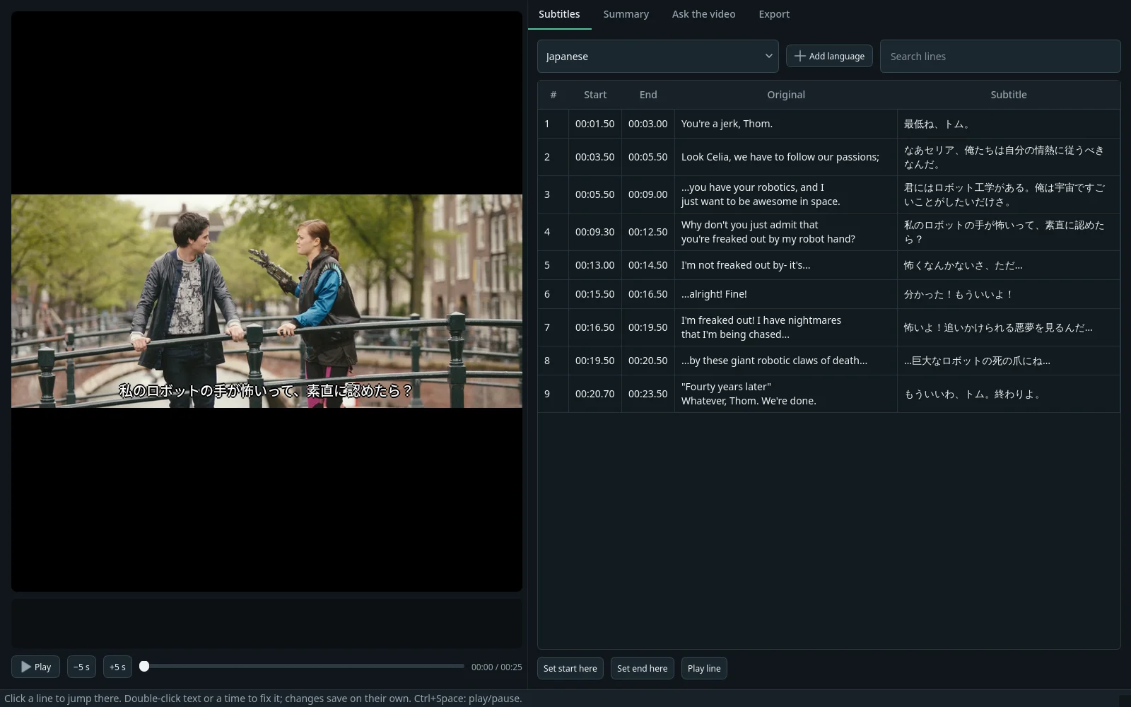 El editor de Linesmith con la escena, las líneas en inglés y su traducción al japonés en paralelo